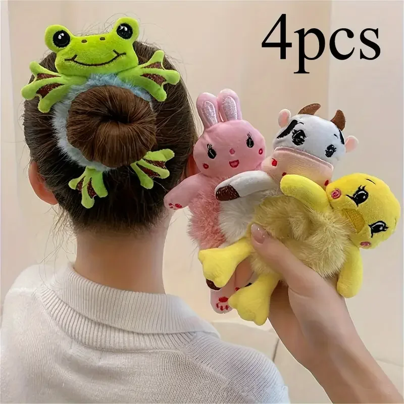 

4 cute plush animal hair bands-soft elastic ponytail band, suitable for ladies and children, perfect party accessories