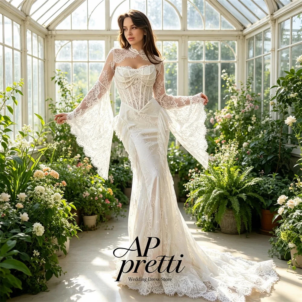 AP pretti Vintage High Neck Beading Lace Wedding Dresses For Woman Bell Long Sleeve Ruffle Mermaid Bridal Gown Customized