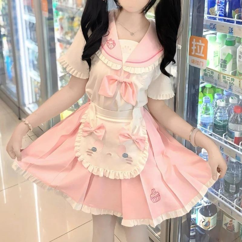 

Kawaii Cute Lolita Style Skirt Set Women Sweet Pink Bow Sailor Collar Blouse Cat Apron Mini Skirts Suits Korean Y2k 2 Piece Set
