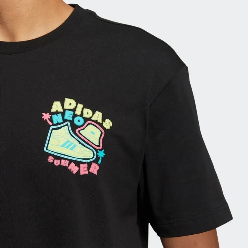 Adidas neo Black Trendy Short - sleeve T - shirt, with a Colorful Summer - themed Print