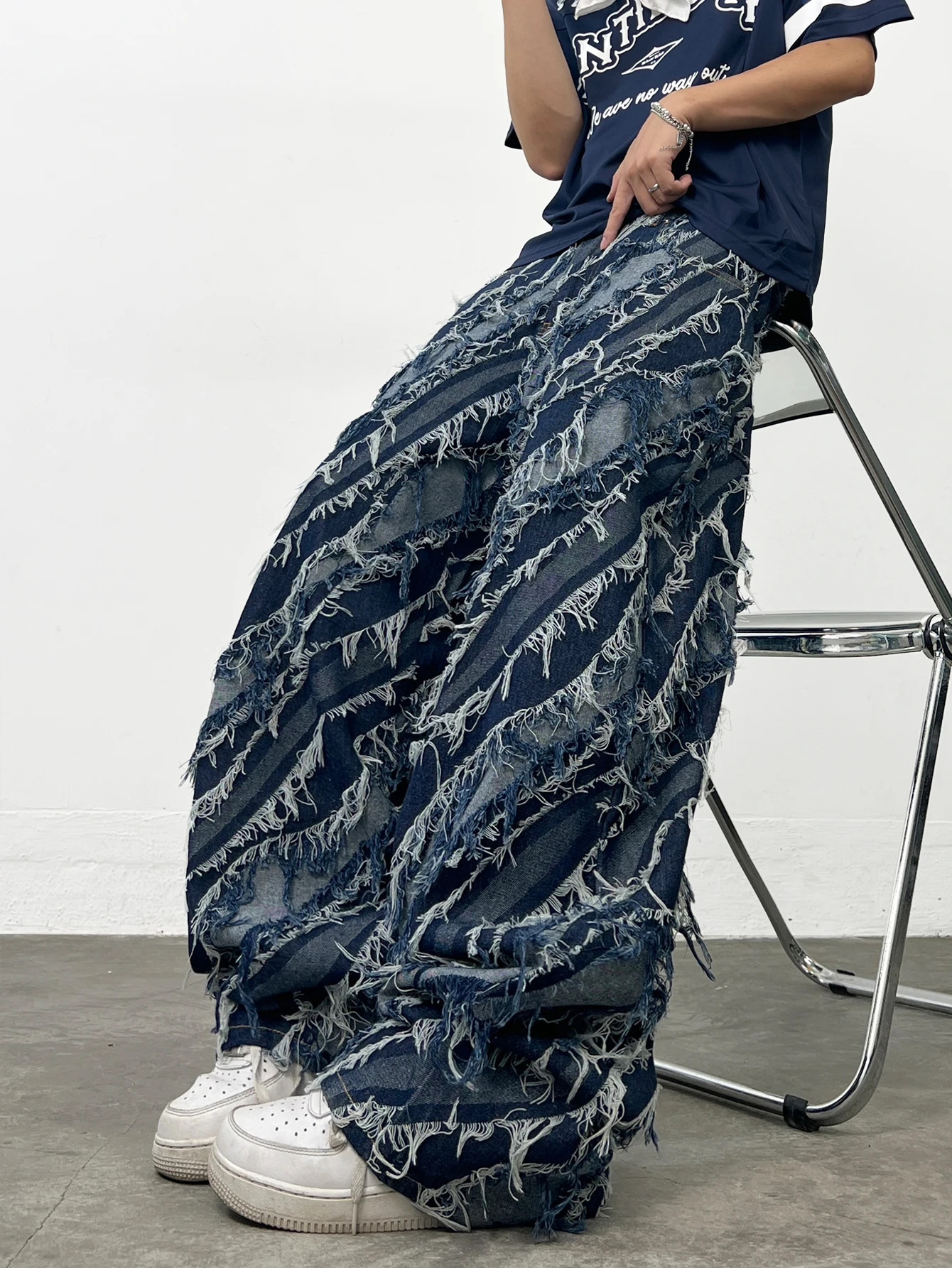 American-Style Trendy Brand Blue Wave Twill Men's Loose Jeans Y2K Street Fashion Frayed Tassel Design Wide-Leg Pants