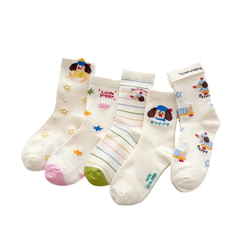 

1/5 Women's Pure Cotton Spring Autumn Thin Middle Socks Cartoon Striped Sausage Dog Simple Comfortable Casual Socks