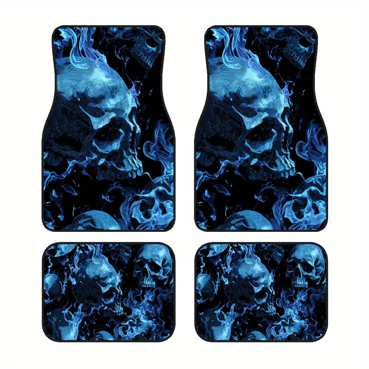 4pcs, Non-Slip Polyester Car Mats, Halloween Theme, Blue Flame Skull Design, Suitable for Sedans and SUVs, Interior