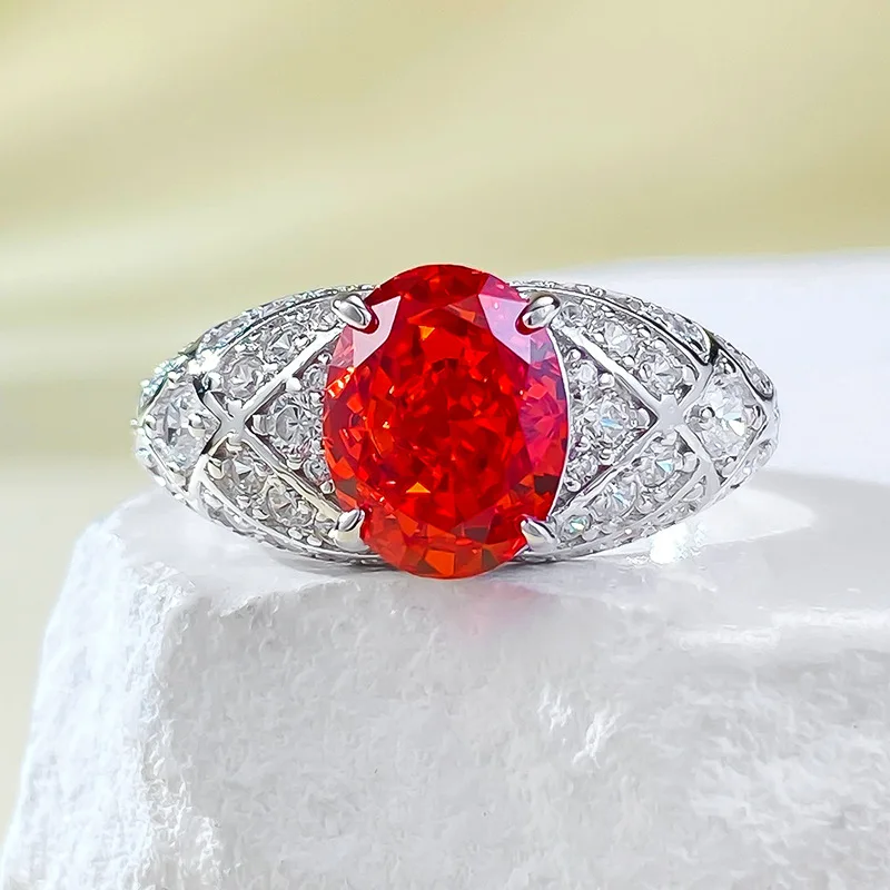 Anel de diamante de alto carbono para mulheres, prata S925, 7x9 oval, laranja sol simulado anel de diamante, joias versáteis