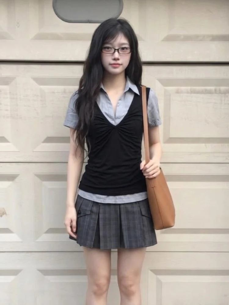 Y2K Retro Summer 2‑Piece Set Women Short Sleeve Top + High Waist Pleated Mini Skirt Harajuku Streetwear Daily Matching Outfit