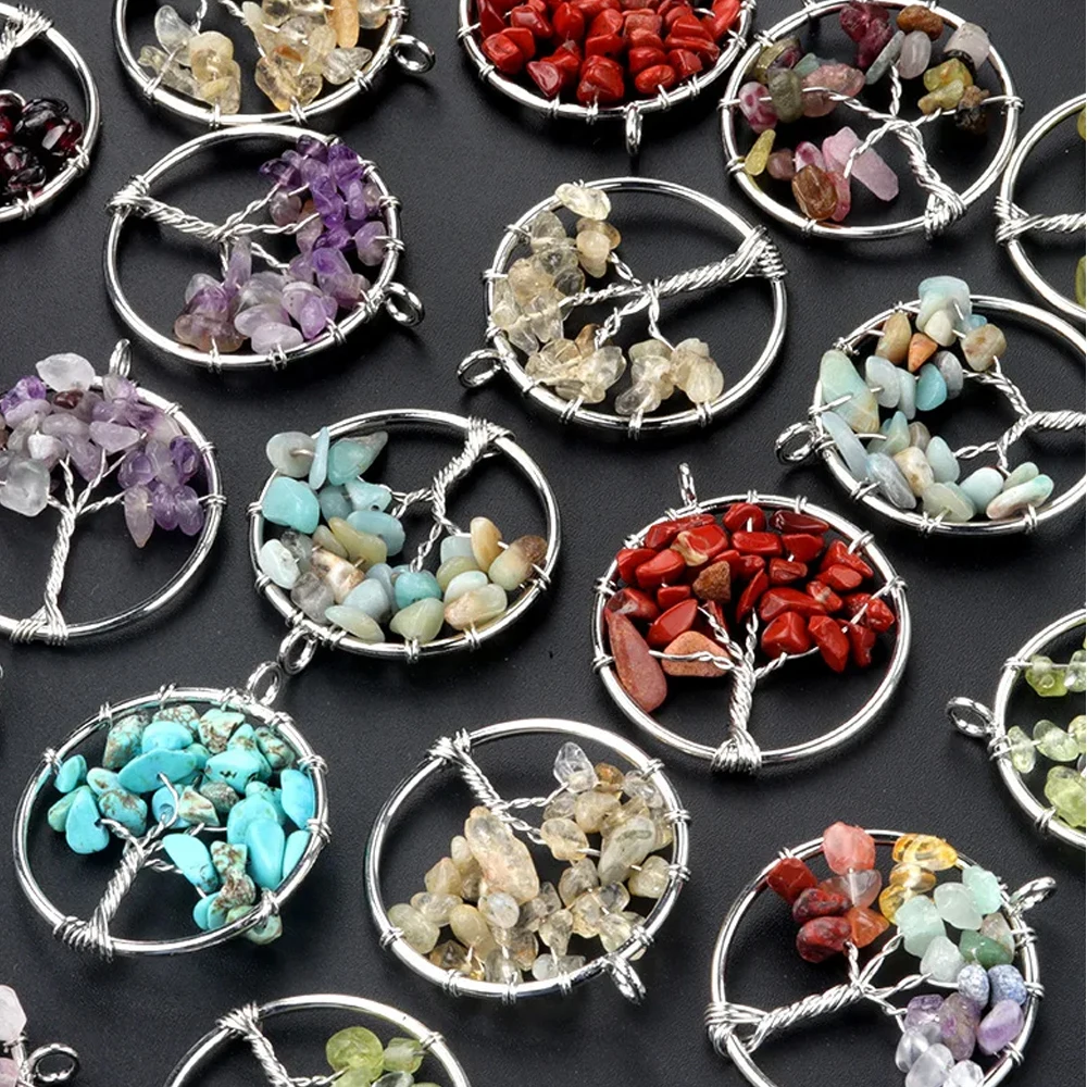 2pcs/Set 30mm Natural Stone Crystal Pendant Tree of Life Chakra Pendulum Charms for Jewelry Making Necklace Earrings Accessories