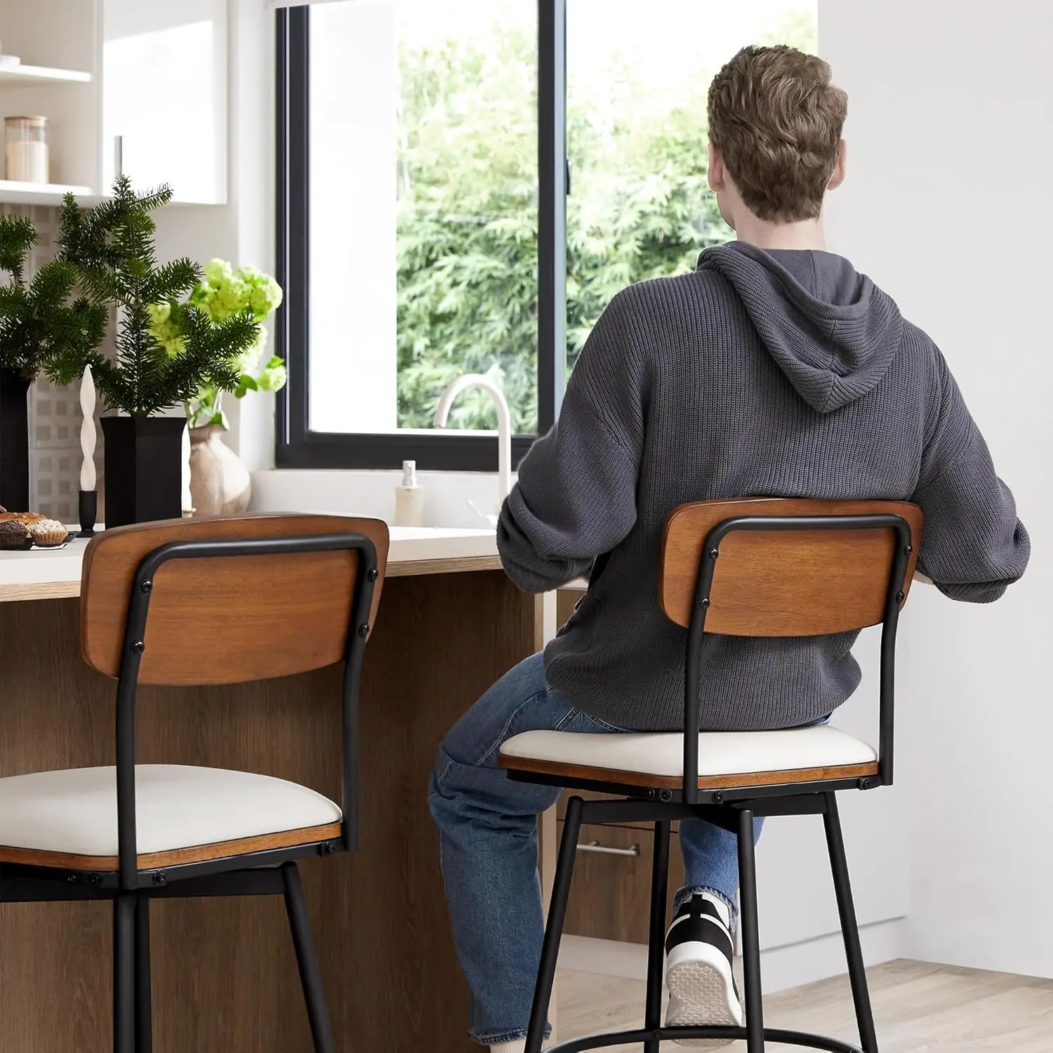 Swivel Counter Height Bar Stools with Back, Fabric Upholstered Barstools Set of 2, 27" Seat Height, Metal & Wood Frame, Cream