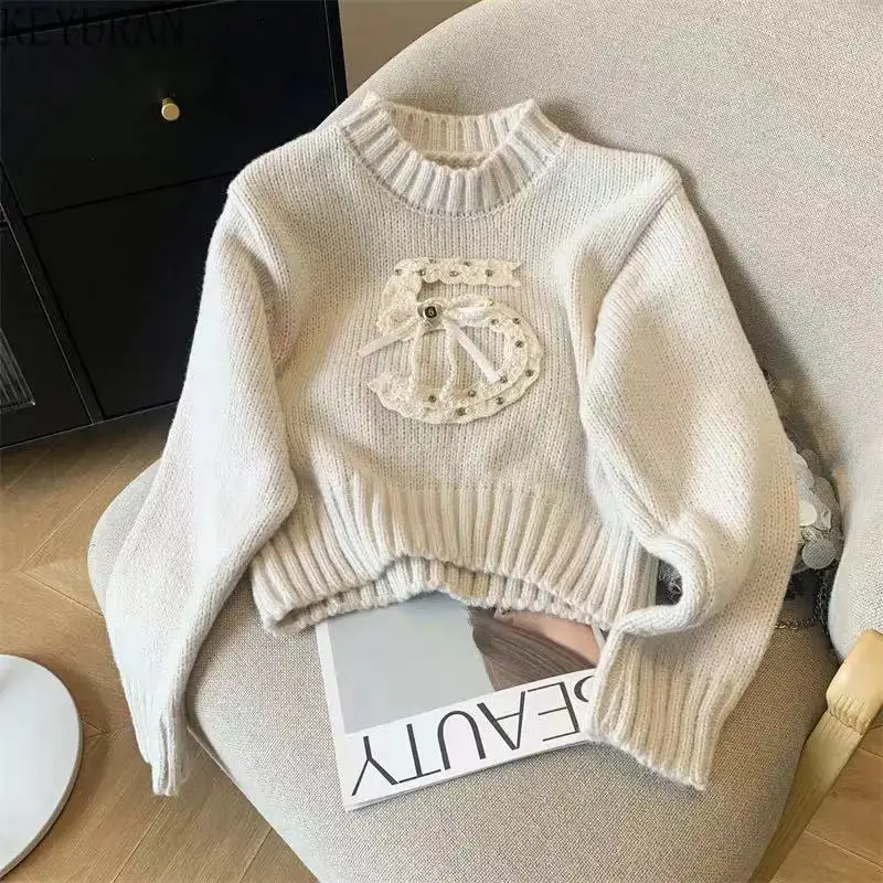 Korean Fashion Lace Jacquard Pullover Sweater Women Autumn Winter O-Neck Long Sleeve Beading Pearl Bow Knitwear Tops Jumper