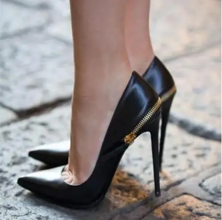 

Gold Zipper Back Black Matte Leather Pointed Toe Pumps Women Sexy Shallow Slip On Thin High Heel Party Dress Shoes Plus Size 47