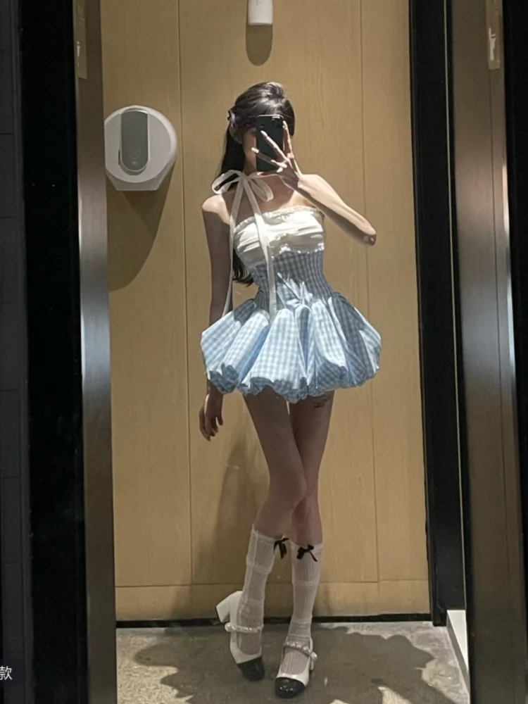 

Japan Summer Waist-Cinching Plaid Tube Top Skirt New Style Contrasting Color Dress Send Safety Pants