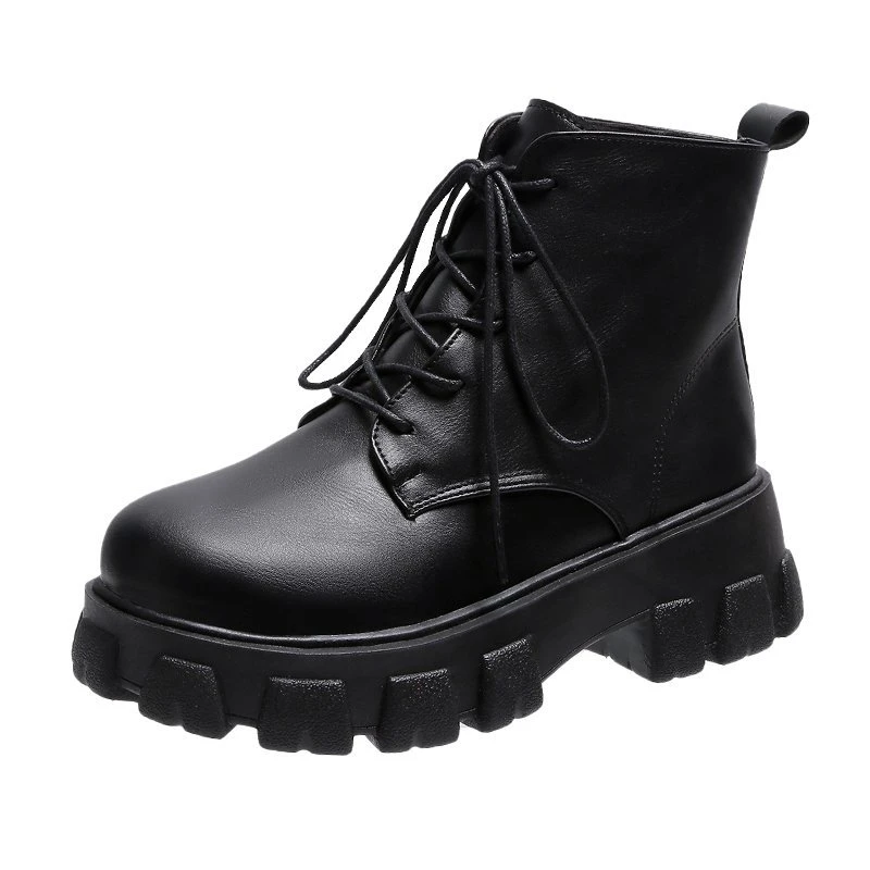 2022 New Women Black Ankle Boots PU Leather Thick Sole Lace Up Combat Booties Female Autumn Winter Platform Shoes Woman