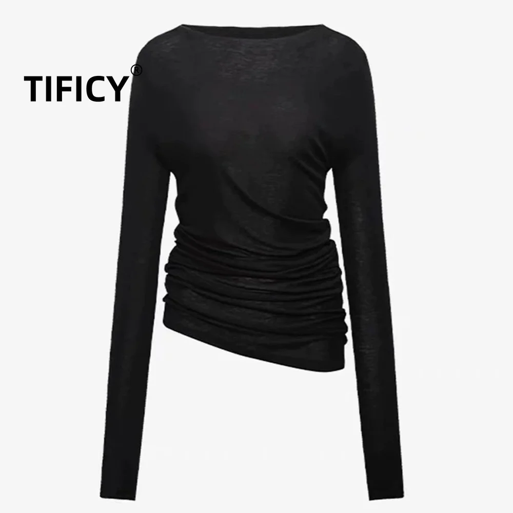 High Street Tees T-shirts Tops Women's Thin Transparent Tencel Asymmetrical Pleated Waist Cinched Long Sleeved Tshirt Top