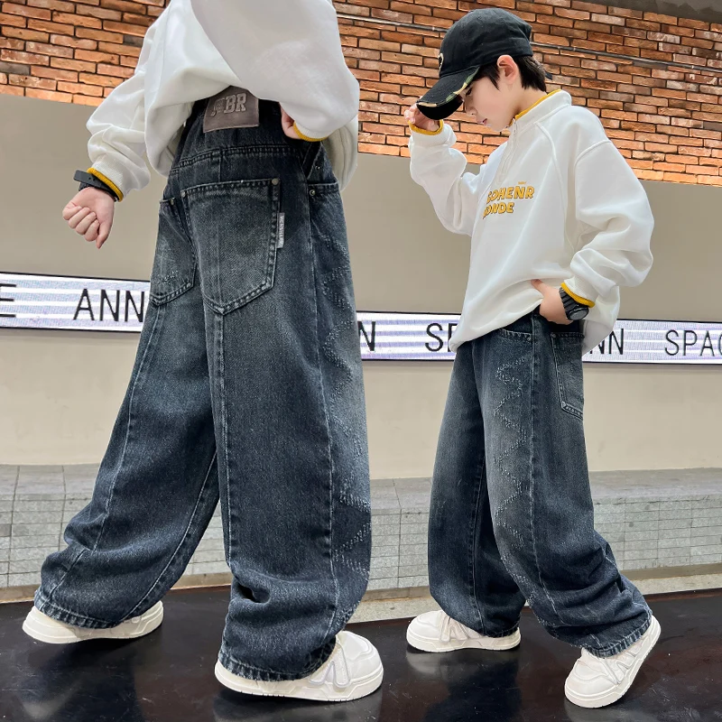 New Items Boys Denim Pants Deep Color Elastic Waist Trousers Children's Casual Wide-Leg Jeans Teenager Straight Fit Ages 4-14Y
