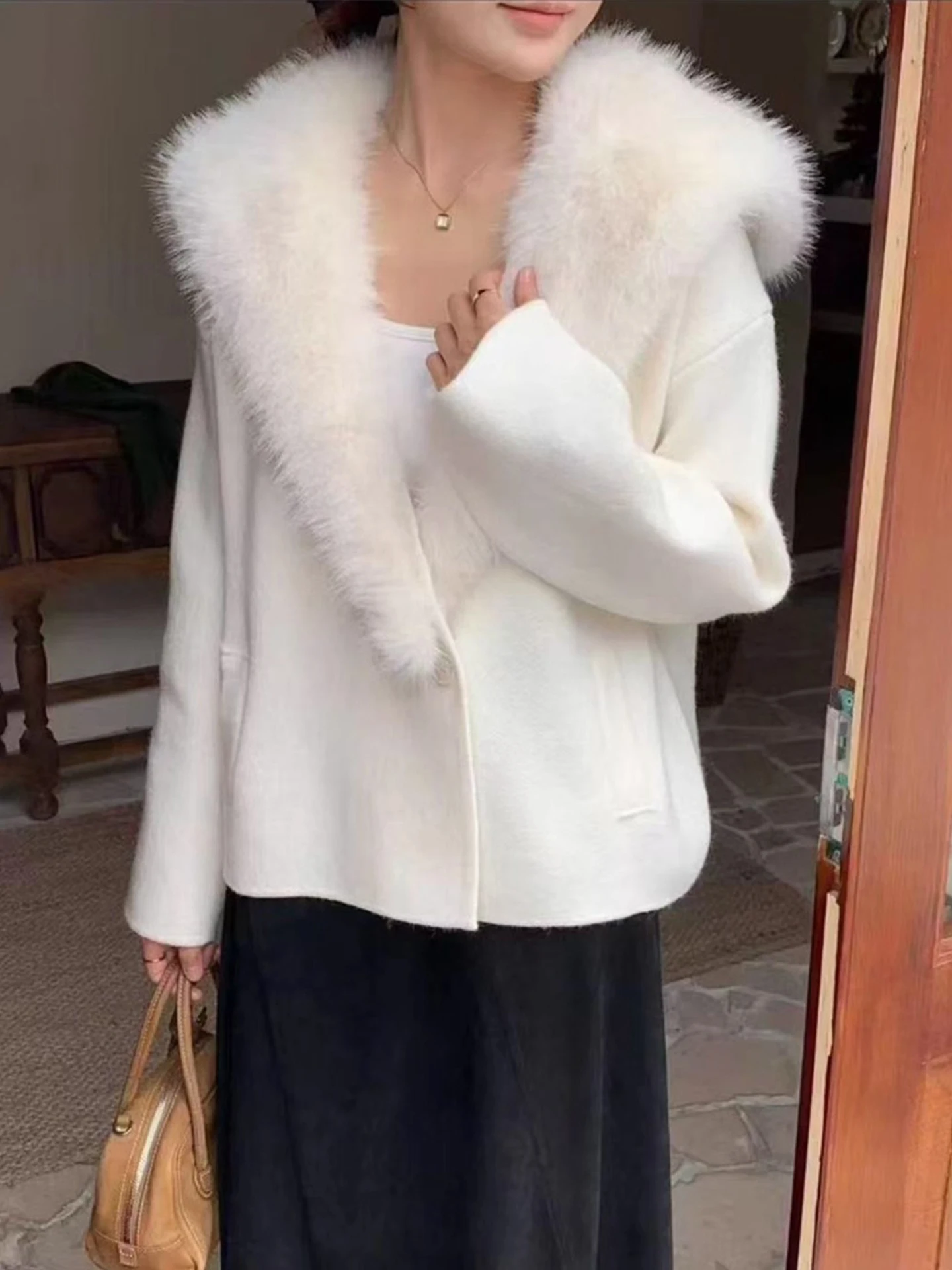 الفراء محاكاة محبوك سترة سترة المرأة شتاء جديد Sle البحرية طوق فضفاضة تناسب معطف طويل Sve #1