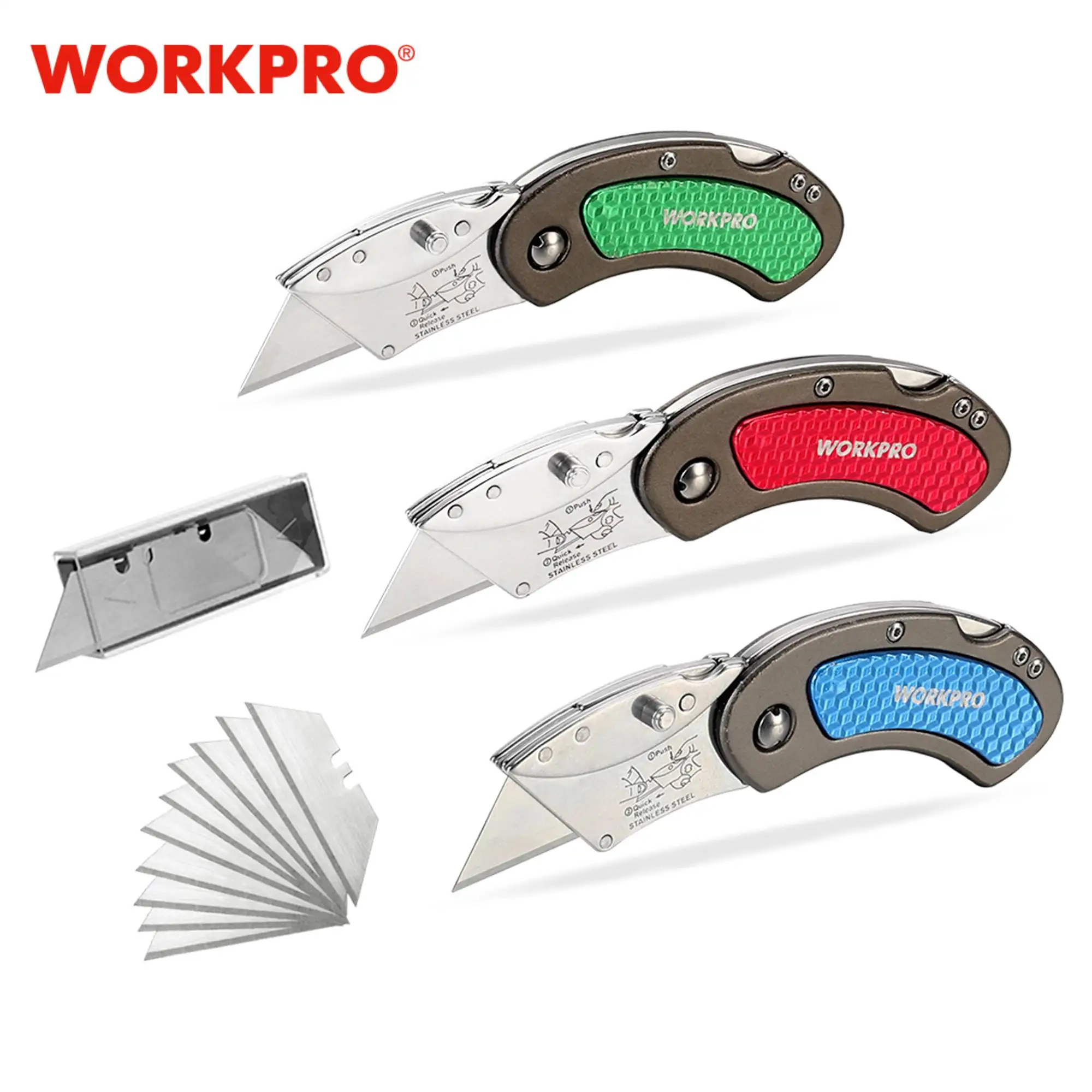 WORKPRO 3PCS Aluminum Mini Folding Knife Stainless Steel Utility Knife Set with 10pcs Extra Blades Outdoor Travel Pocket Knifes