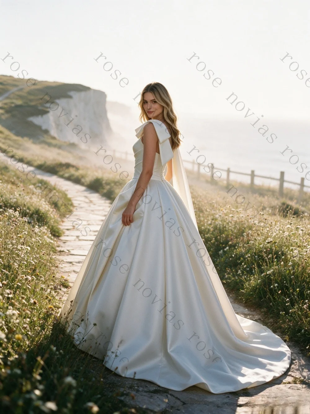 Customized Elegant One Shoulder Satin Ball Gown Large Bow Open Back Floor Train Luxury Bridal Dress Vestido De Novia