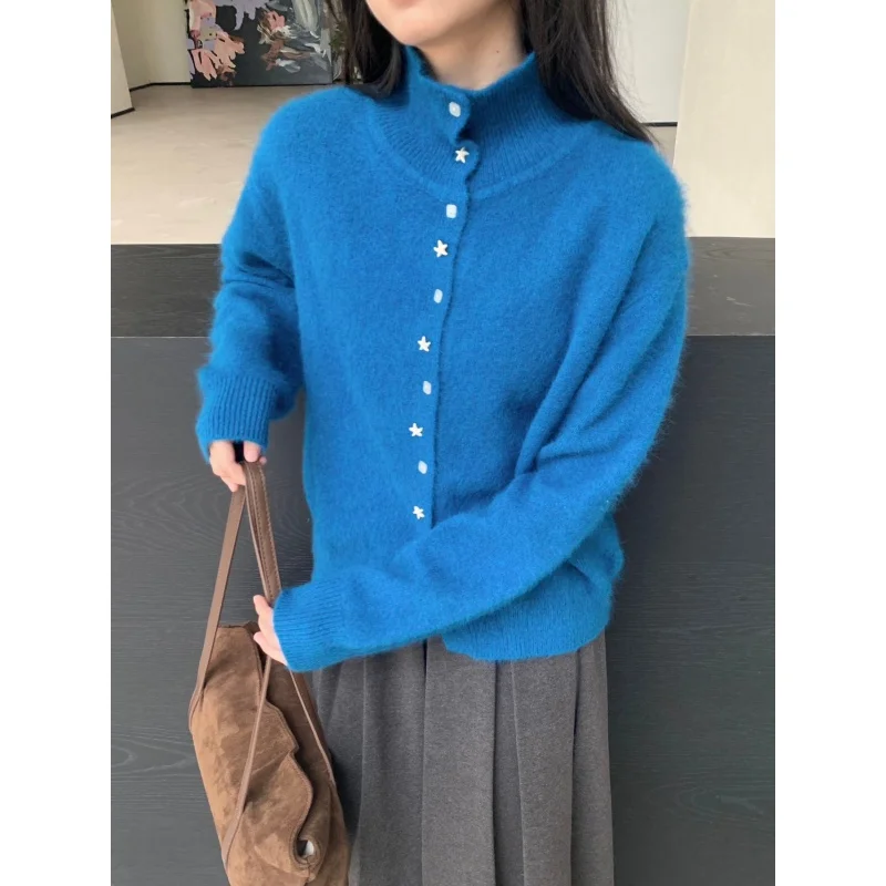 Non-Balloning Knitted Sweater Cardigan Women's Top Dongguan Daliang High-End Spring 2025 New Arrival Long Sve Stand Collar