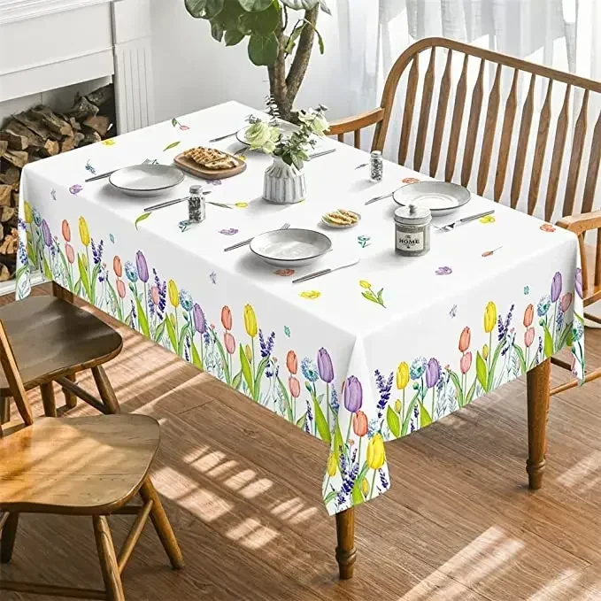 Spring Summer Rectangle Tablecloth Watercolor Wildflowers Tulips Lavender Bloom Floral Tablecloth Party Picnic Dinner GCYJ001-D