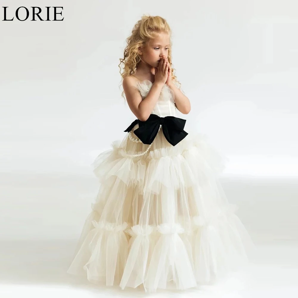 

LORIE Elegant Beige Tulle Flower Girl Dress Ball Gown Bow Spaghetti Strap Pleated Tiered Cute Princess Birthday Dress Customized