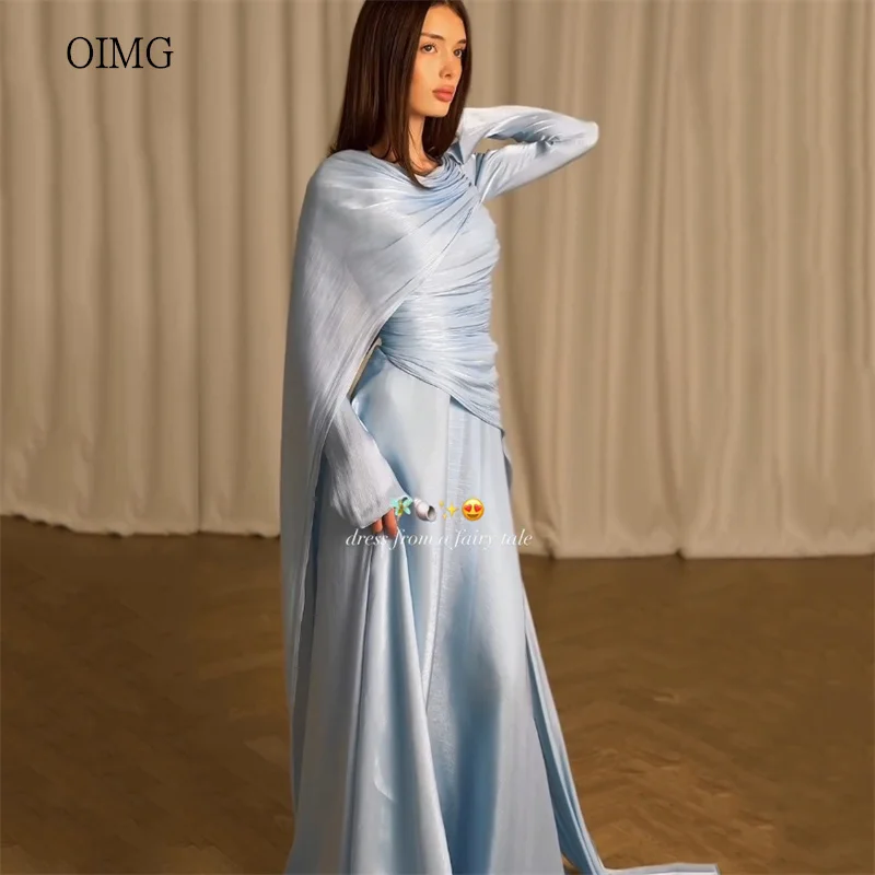 

OIMG Graceful Sky Blue Cap A Line Prom Gowns Shiny Pleated Party Gown Saudi Floor Length Party-perfect Evening Dress Customized