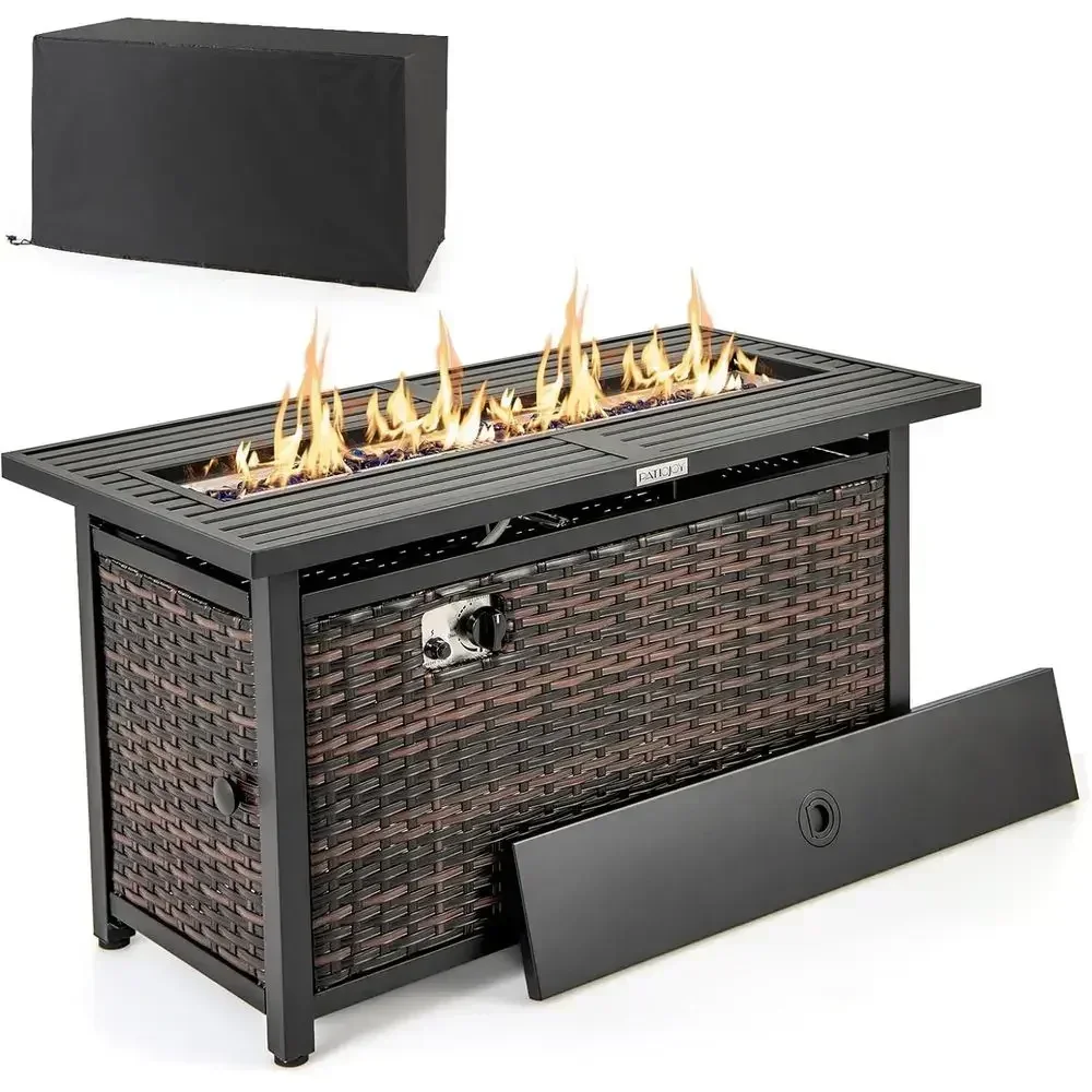 45 Outdoor Propane Fire Pit Table with Glass Stones, Protective Cover and Heavy-Duty Metal Frame