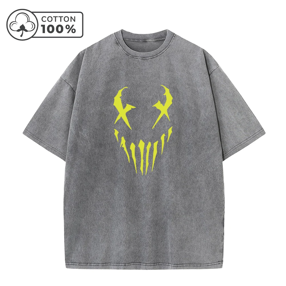 Men's Fangs And Smiley Face Printed Washed T-Shirt Fashionable Pure Cotton Round Neck Short Sleeve Suitable For Everyday Commute
