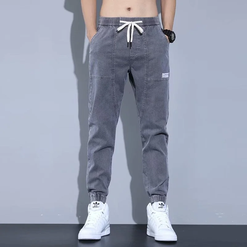 Men's Fashion Harlan 9-point Elastic Waist Baggy Jeans Casual Straight Denim Pants Men New Streetwear Washed Jeans