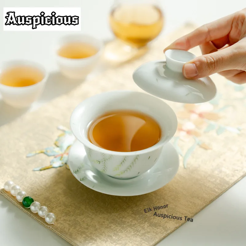 160ml Hand-painted Spring Willow Early Jade Gaiwan Japanese Tea Tureen Tea Bowl With Lid Kit Tea Brewing Cover Bowl Cha Teaset