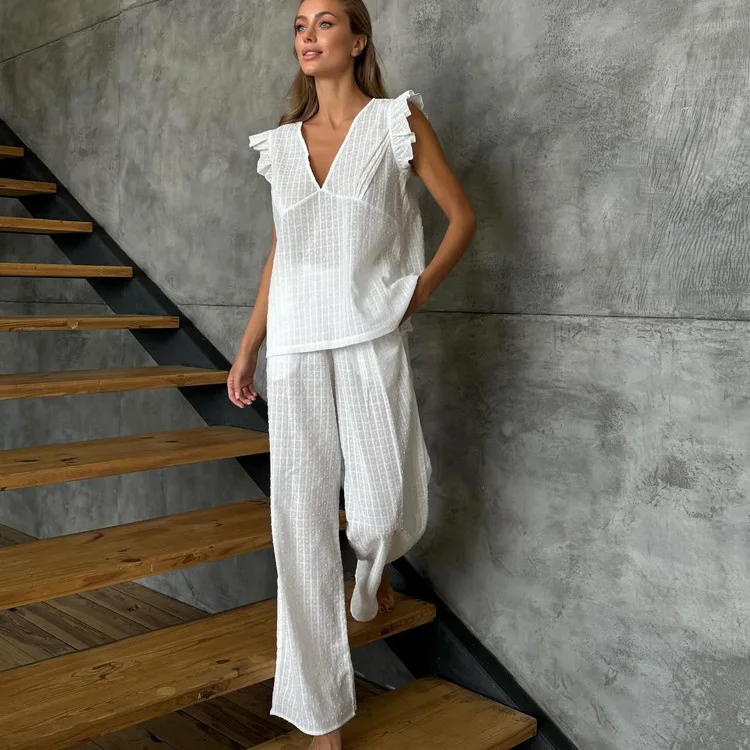 2026 Spring Summer Women's Casual Two Piece Matching Pajama Set Cotton V Neck Top Flowy Sleeves Loose Trousers L Size White