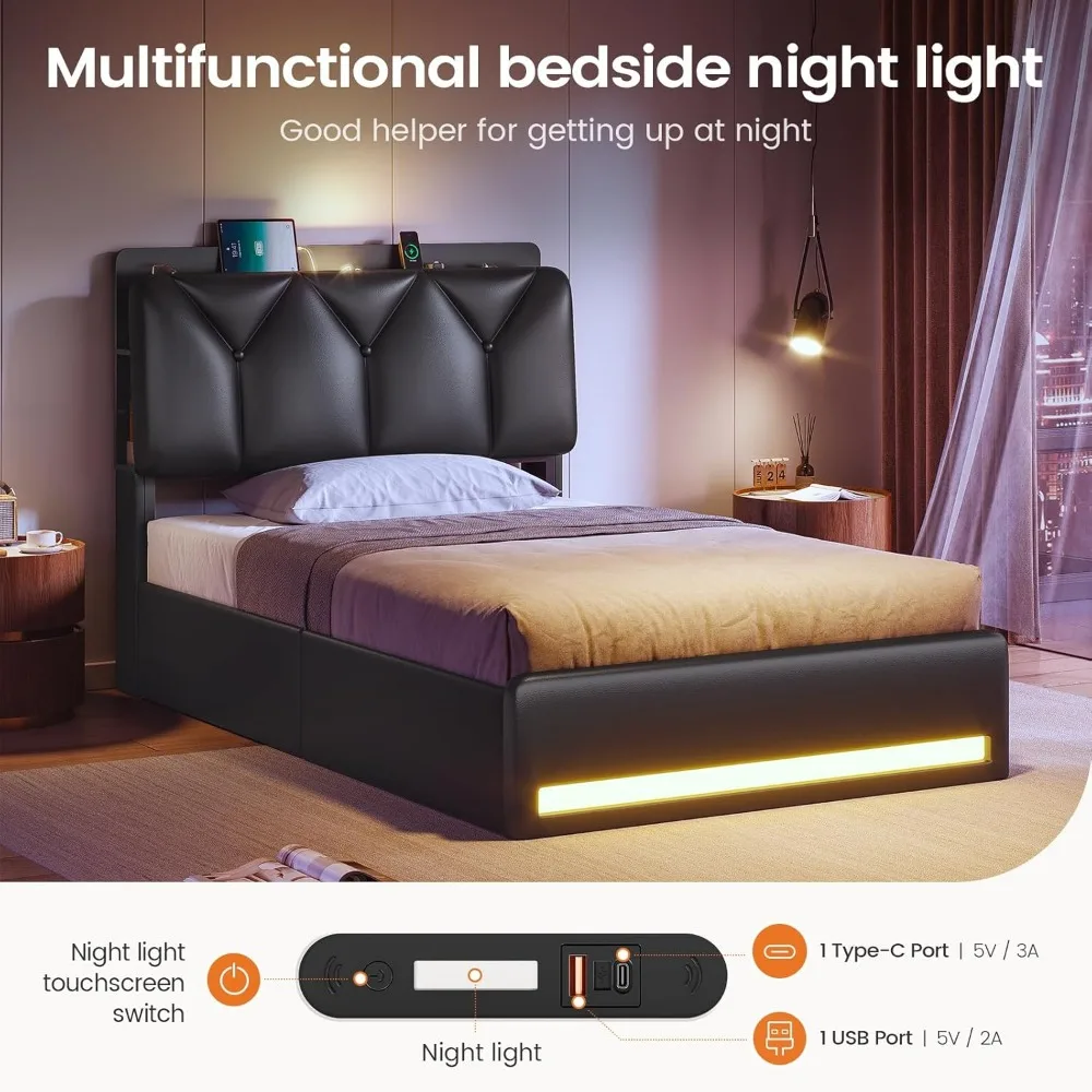 إطارات سرير مع لوح رأسي للتخزين المخفي المائل وأدراج مع قاعدة شحن، وإطار سرير منجد باللون الأسود