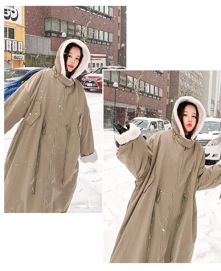 Lamb wool Cotton Jacket Women's Korea Loose 2026 New Winter Plus velvet Snow Parkas Warm Hooded Coat Casual Female Long Overcoat