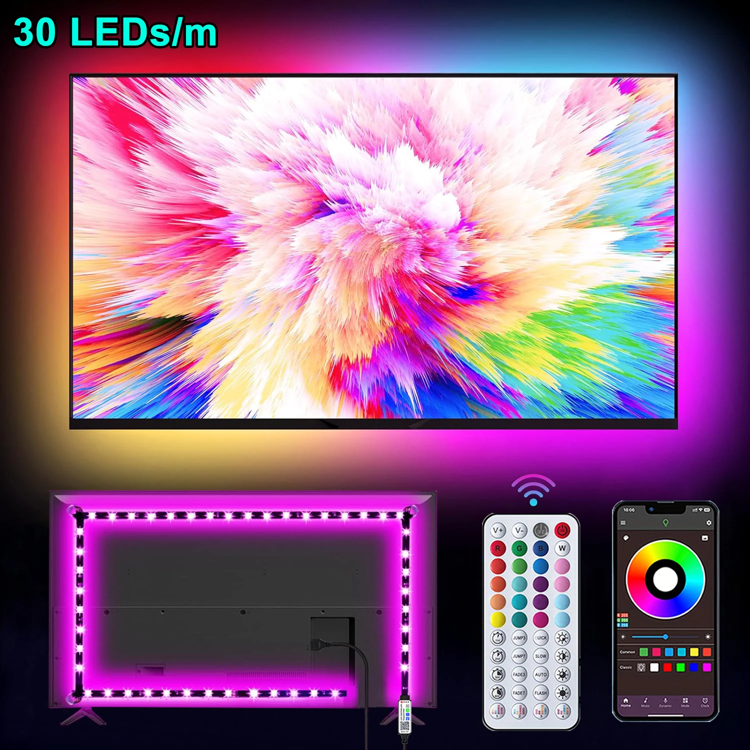RGB Led Strip Lights 30Leds/m Led Lights for TV Music Sync APP Control Led Ribbon Tape Lights for TV Backlight Home Decor