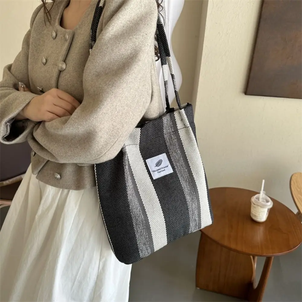 Canvas Canvas Shoulder Bag Fashion Striped Black Blue Khaki Grey Large Underarm Bag Big Capacity Canvas Tote Bag Picnic