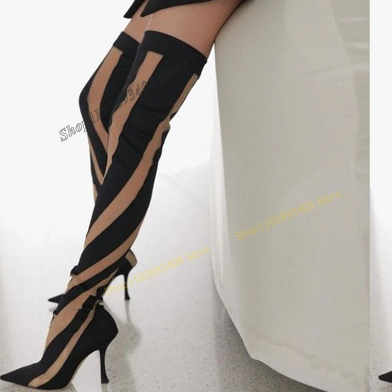 

Mixed Color Elastic Thigh High Boots Pointed Toe Stilettos High Heel Women Shoes Big Size 2023 Fashion Sexy Zapatos Para Mujere