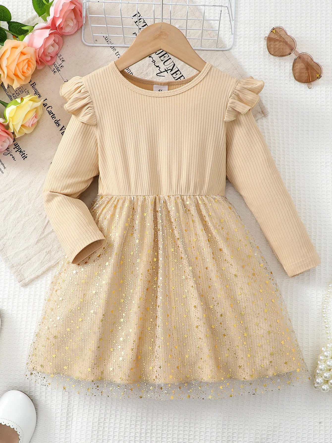 Fashion Party Princess Dress Long Sleeved Sparkling Star Mesh Dress for Kids Girl 2-7 Years Spring Daily Wear Children's Dresses
