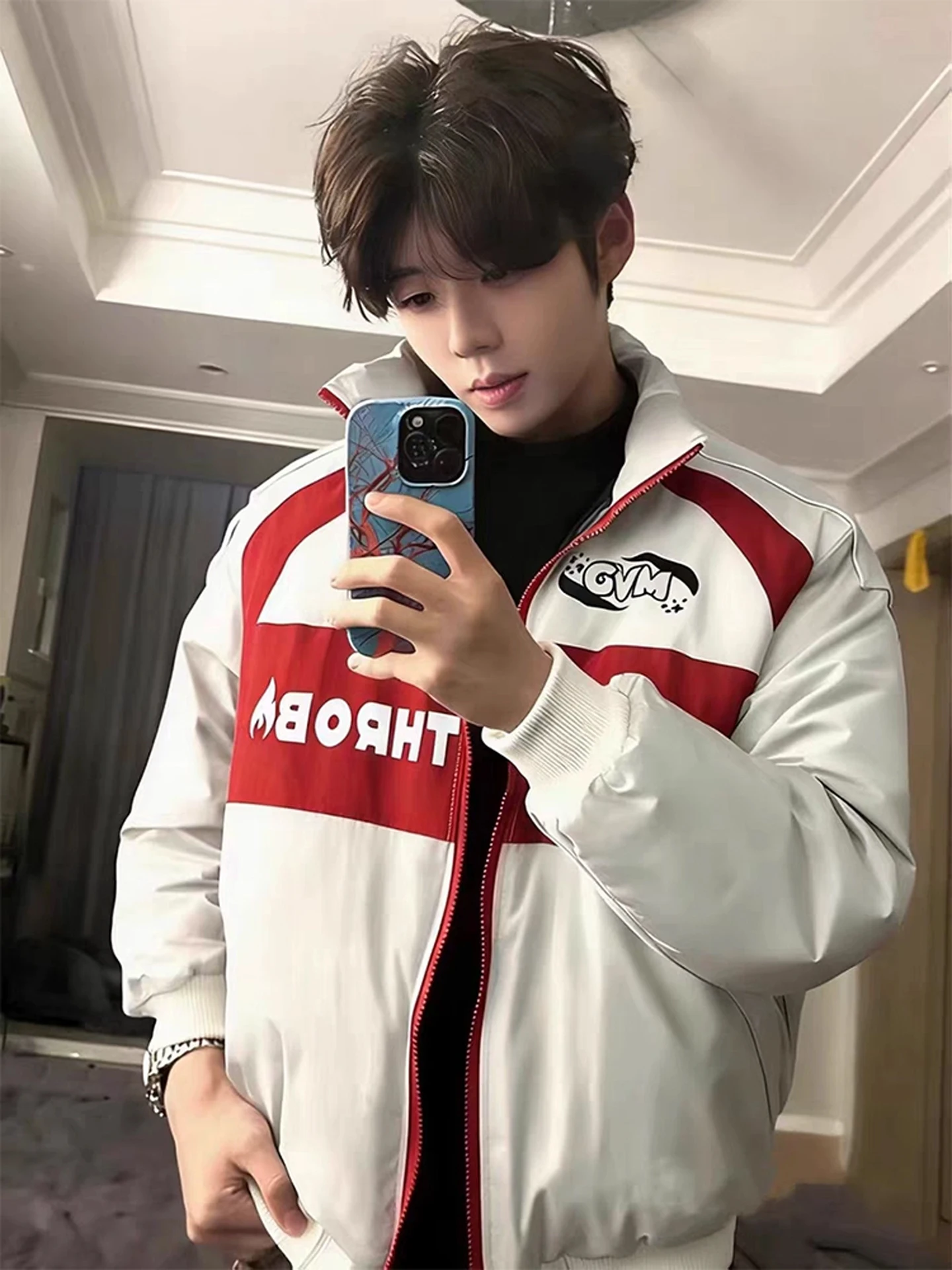 

American Contrast Color Print F Racing down Jaet Men's ort Sle Cotton Clothes Loose Fit Winter Faion Brand Motorcycl...