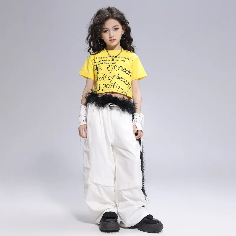 Kid Kpop Hip Hop Clothing Yellow Letters Crop T Shirt Top White Casual Wide Parachute Pants for Girl Jazz Dance Costumes Clothes