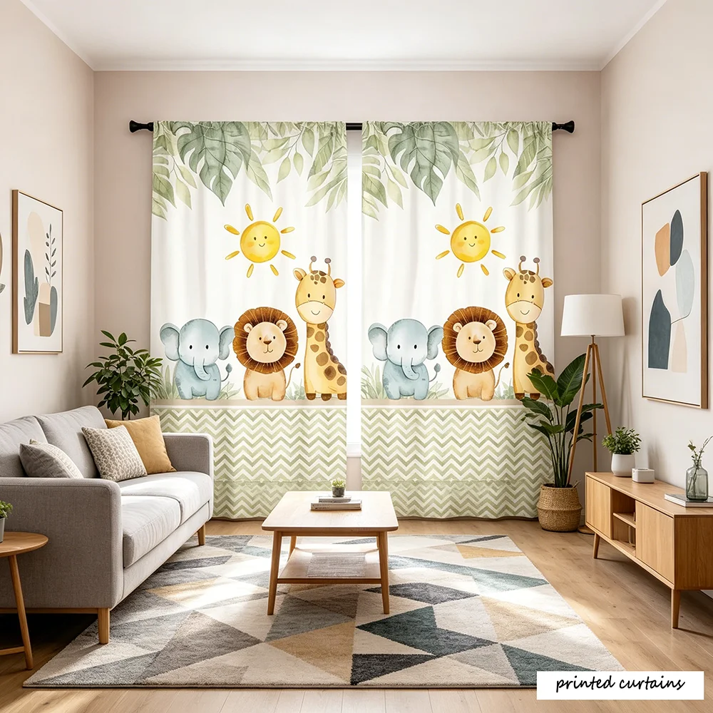 2-piece set, multi-color, watercolor jungle small animals (elephants, lions, giraffes), sun green plant wave print, cartoon