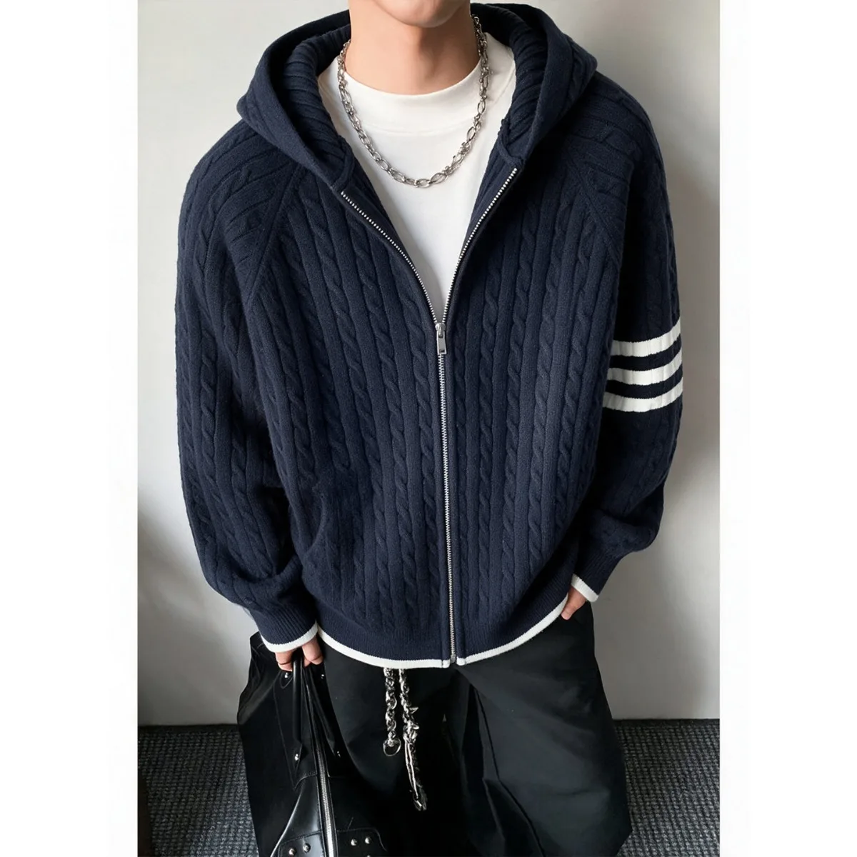 American Style Casual Loose Fit Knitted Sweater Coat with Hat Three Bars Men Women Autumn Winter Leisure Versatile Knitted Ou...