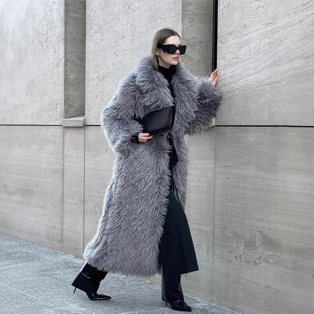 

Women's eco-friendly plush coat, long artificial fur thickened warm hooded faux mink fur coat