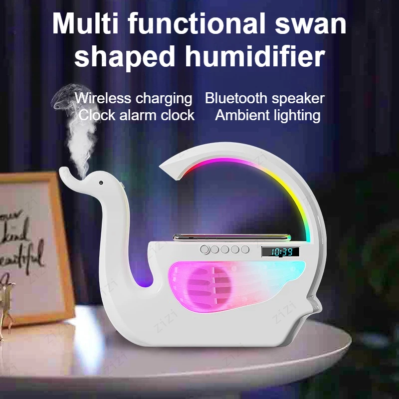 Creative Multifunctional Swan Shaped Humidifier with Bluetooth Speaker Clock Night Light and Wireless Charging Capability