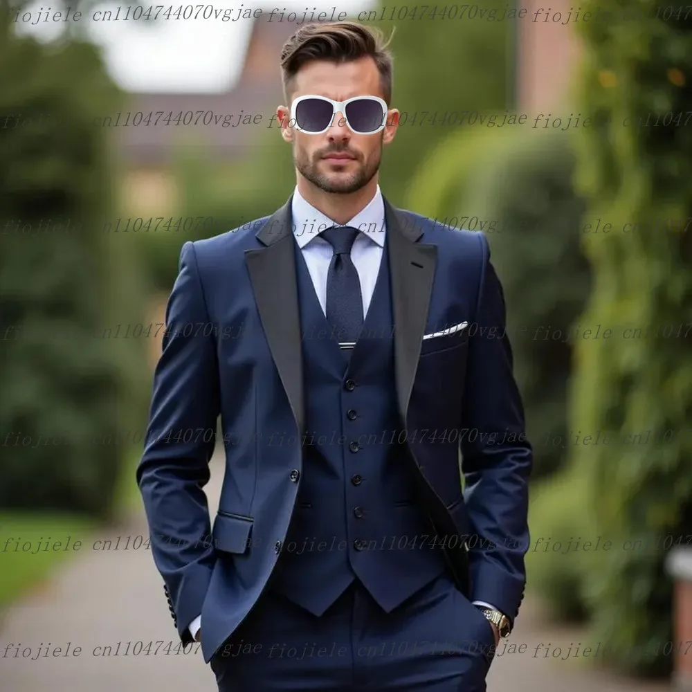 

Черный воротник, темно-синий мужской костюм, официальная свадебная вечеринка, жених, жених, мужские смокинги, комплект из трех предметов, куртка, жилет, брюки