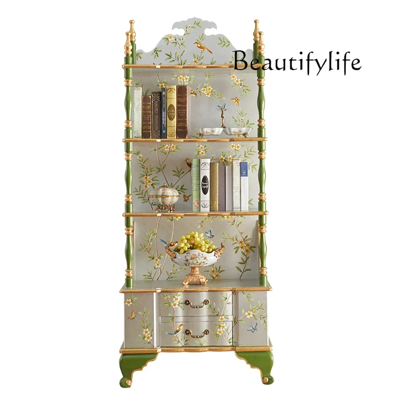 X35 Bookshelf Solid Wood Hand-painted Display Cabinet Vintage Storage Shelf Classical Display Shelf Silver
