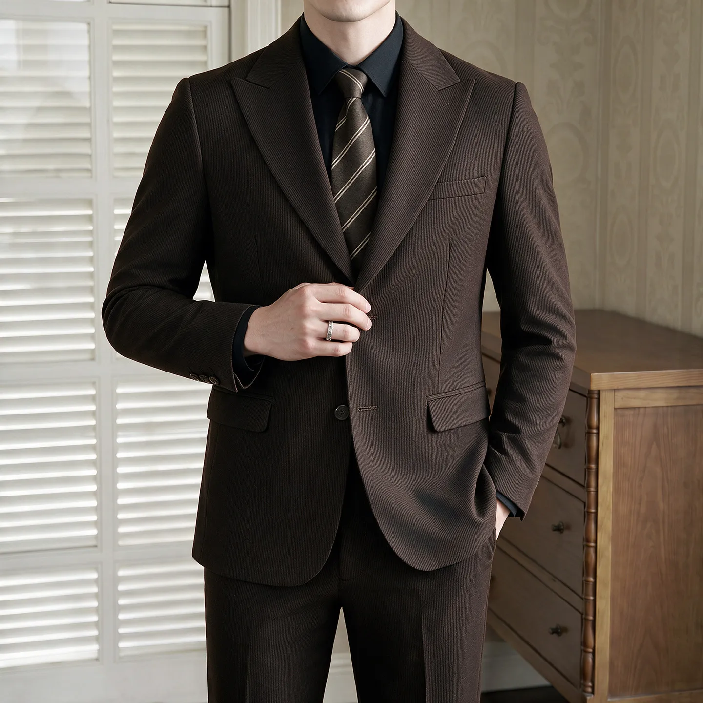 High-Quality Men's Two-Piece Suit Classic Subtle Stripe Wedding Party Banquet Business Retro British Style Formal Wear