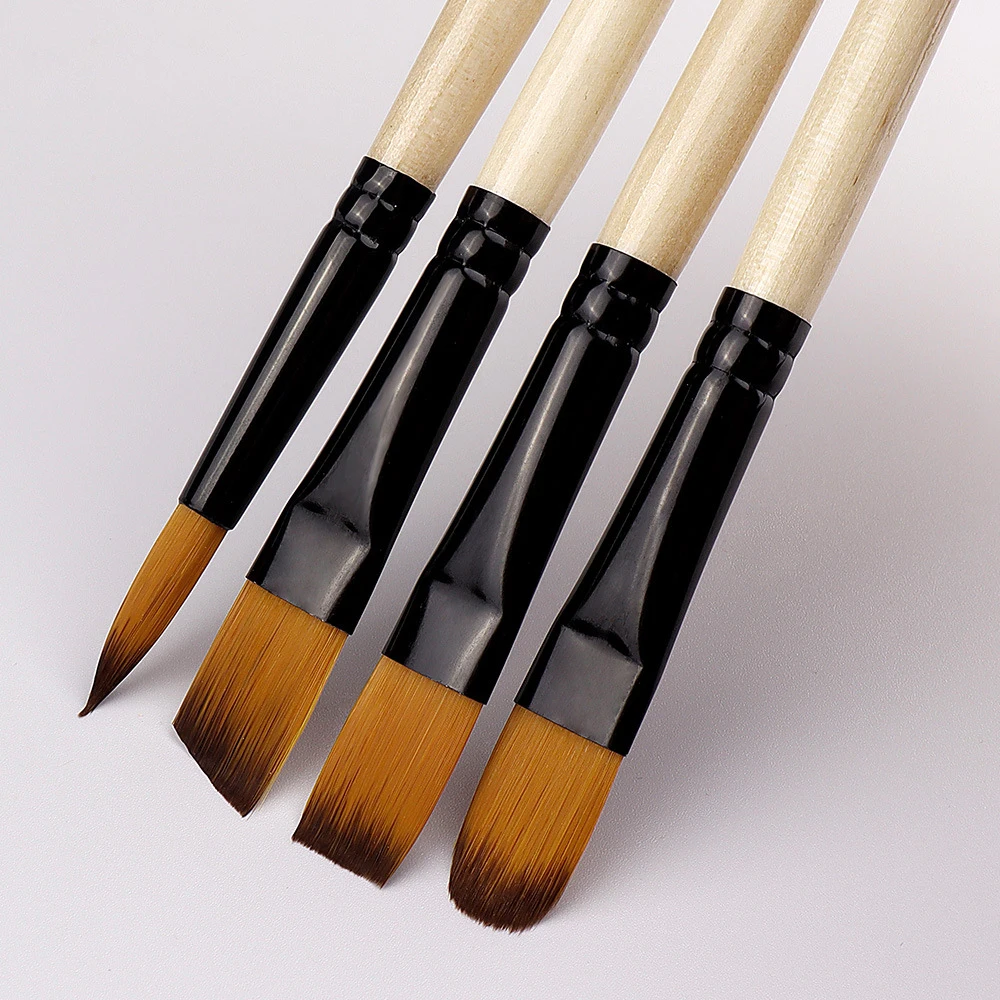 6pcs Art Painting Materials Oil Paint Pen Set Nylon Hair Short Natural Color Wood Rod Student Painting Watercolor Acrylic Brush