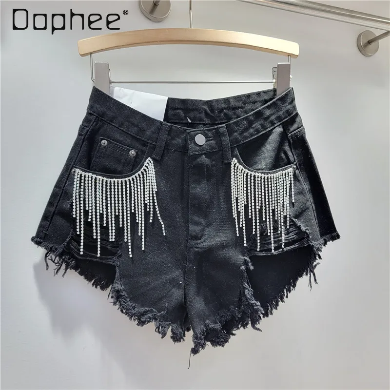 Women's Summer Tassel Rhinestone Denim Shorts 2024 New Loose High Waist Diamond Ripped Wide-Legged Hot Pants Female Short Jeans