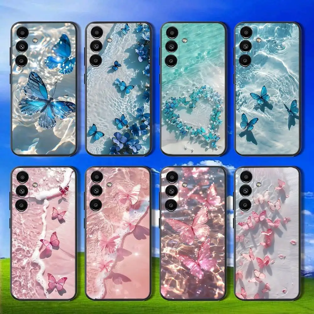 

Blue Pink Butterfly Ocean wave Phone Case For Samsung Galaxy A13,A21s,A22,A31,A32,A52,A53,A71,A80,Soft Black Shell