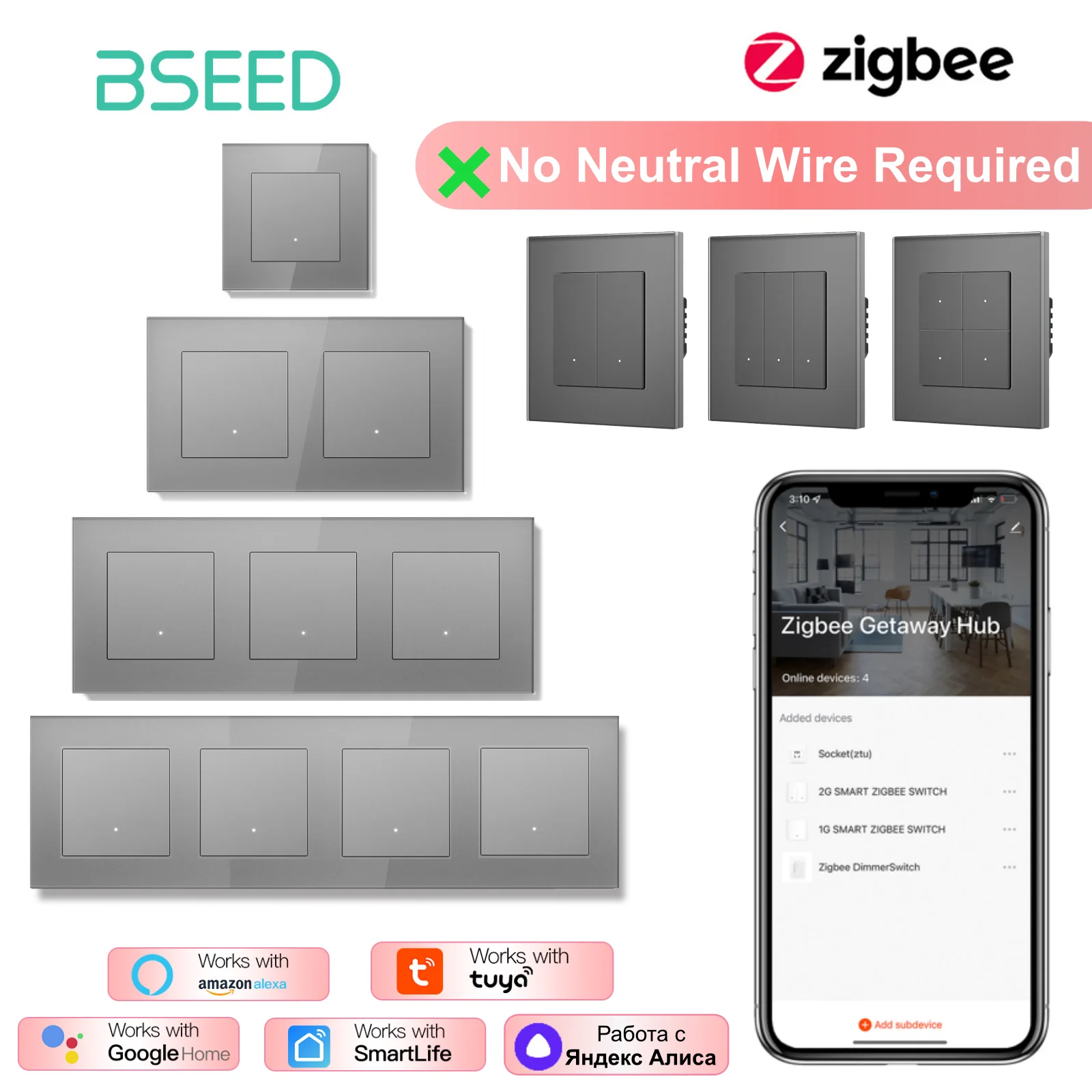 

BSEED ZigBee Click-выключатели: Умные настенные выключатели с одним проводом, серая стеклянная рамка, для Tuya Smart Life, Google, Yandex APP