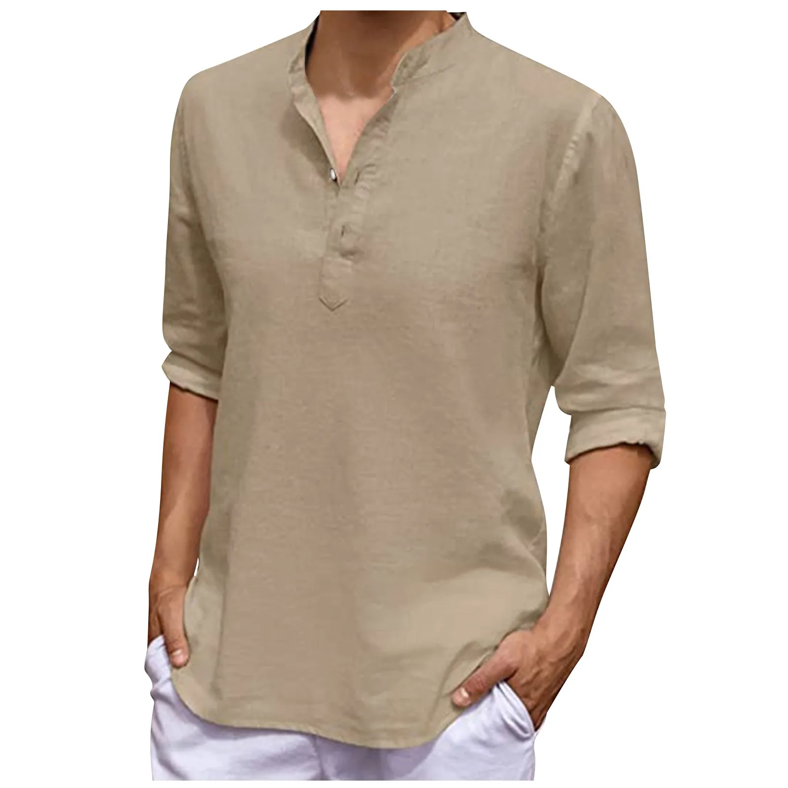 

Men'S Summer Tops Classic Simple Cotton Linen Solid Color Long Sleeve Shirts Daily Fashion Casual Loose Stand Collar Shirts