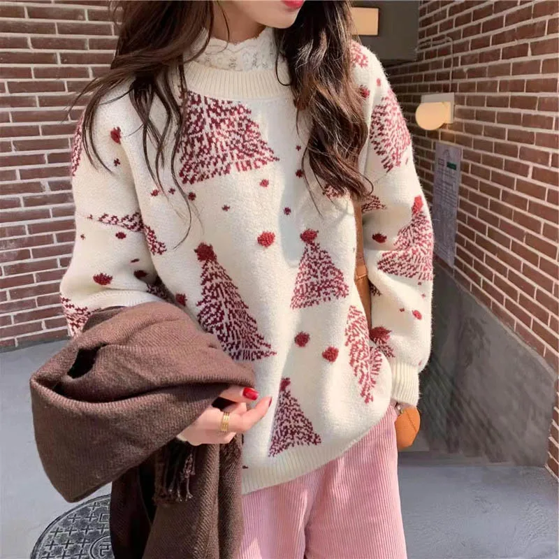 

Loose and thin round neck long-sleeved snowflake christmas and New Year sweater women's thickened warm outerwear sweater